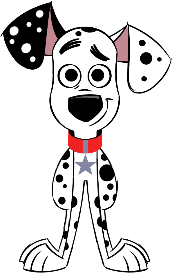 A Cartoon Dog With Black Spots And A Red Collar