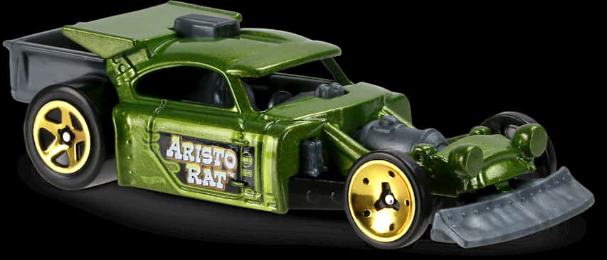 A Green Toy Car With Yellow Wheels