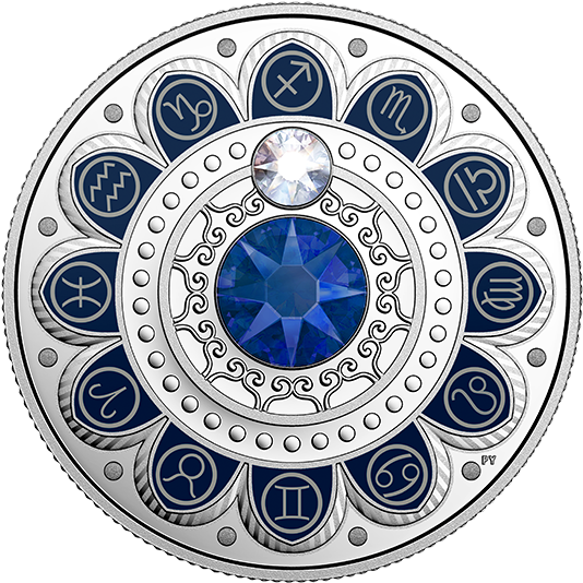 A Silver And Blue Coin With Zodiac Symbols