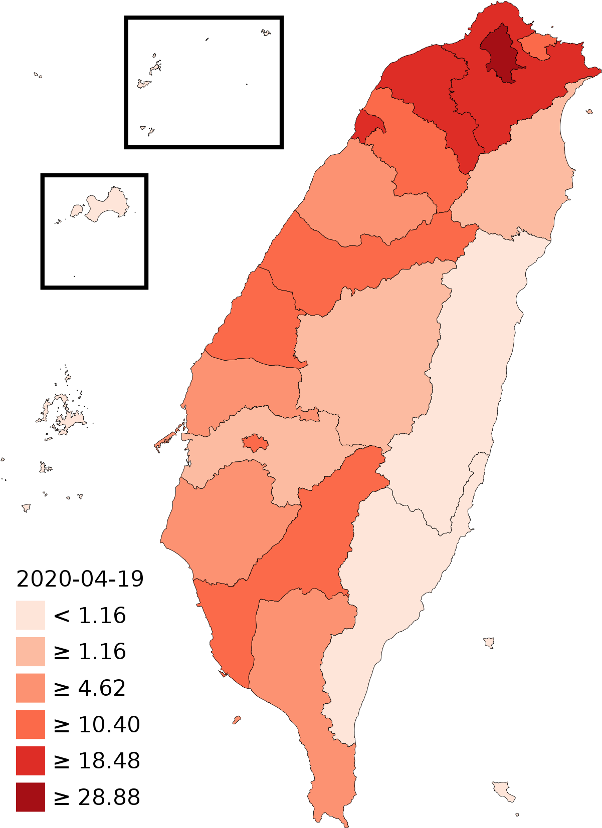 A Map Of Taiwan With Different Shades Of Red
