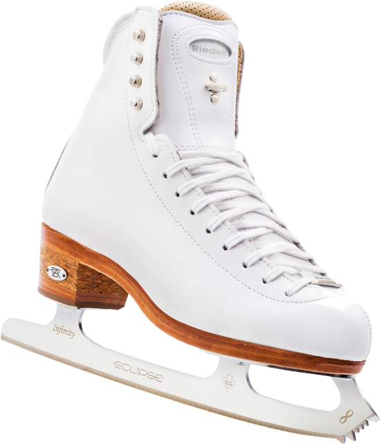 A White Ice Skate With Brown Soles