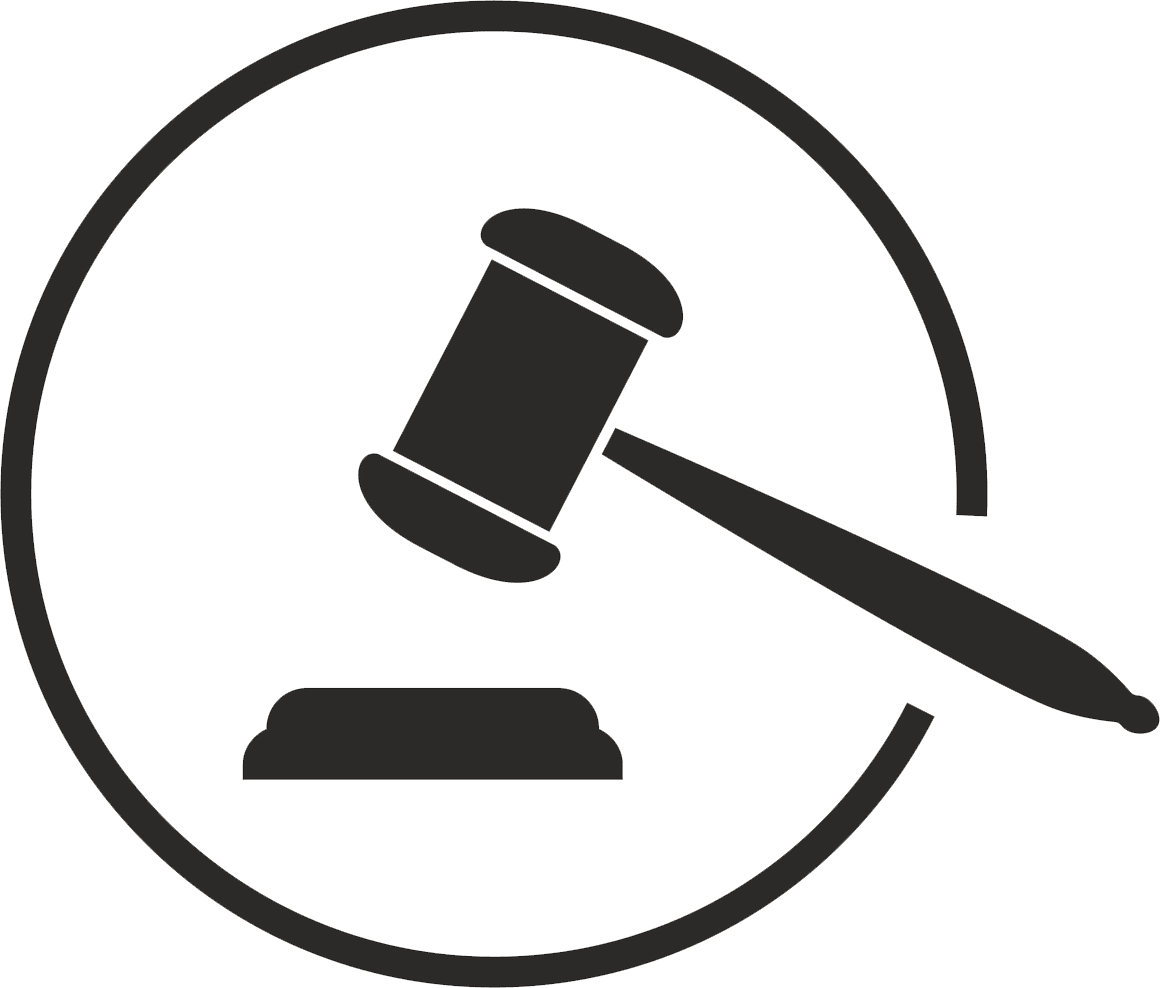A Black And White Symbol With A Gavel