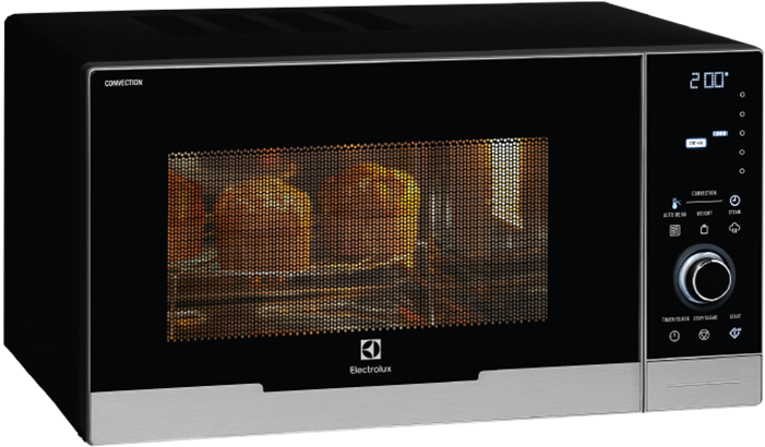 A Black And Silver Microwave With Orange Lights