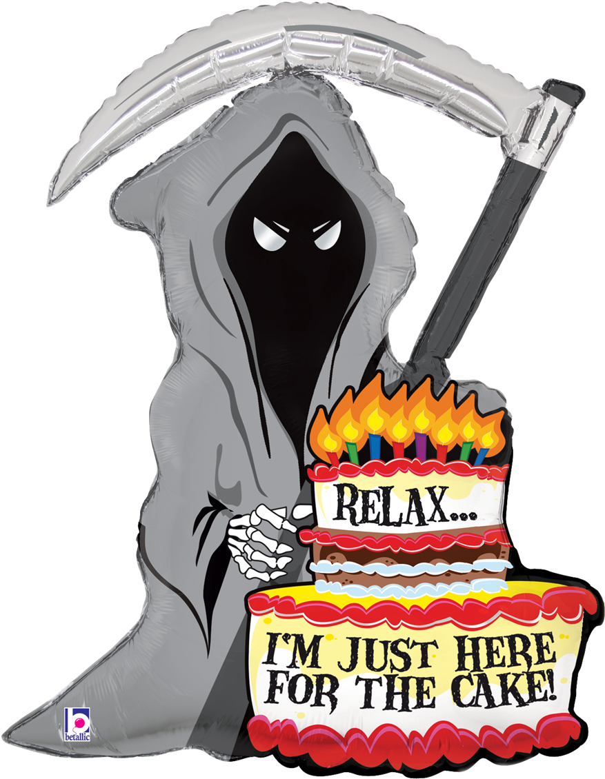 A Grey And White Skeleton With A Scythe And A Cake