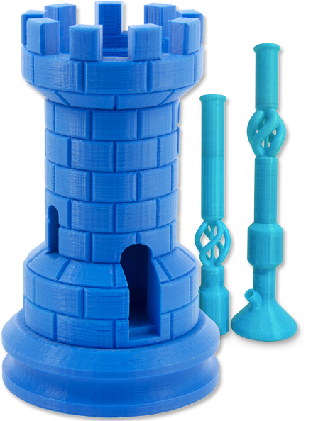 A Blue Tower And Two Blue Objects