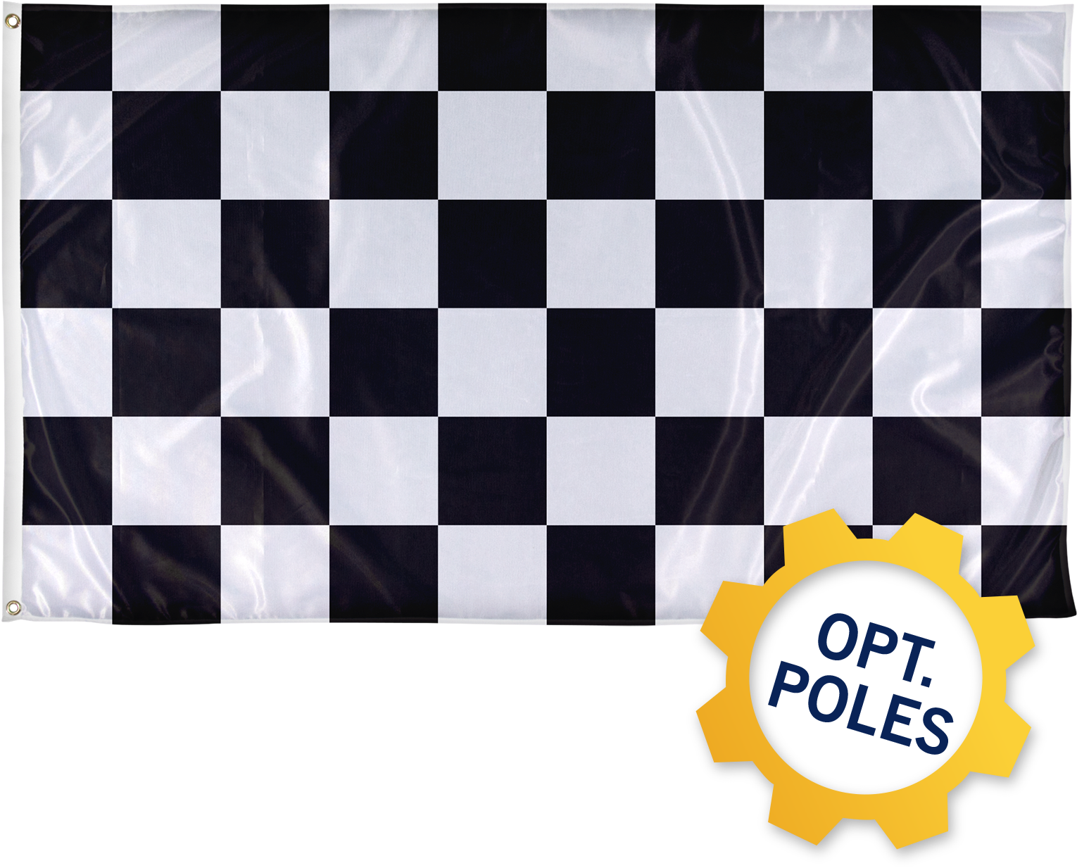 A Black And White Checkered Flag With A Gear And A Yellow Gear