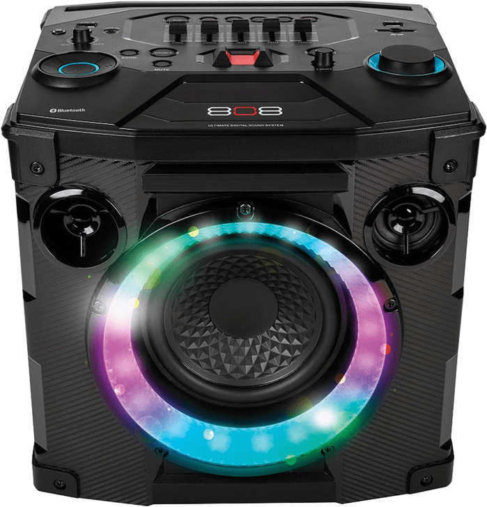 A Black Speaker With Colorful Lights