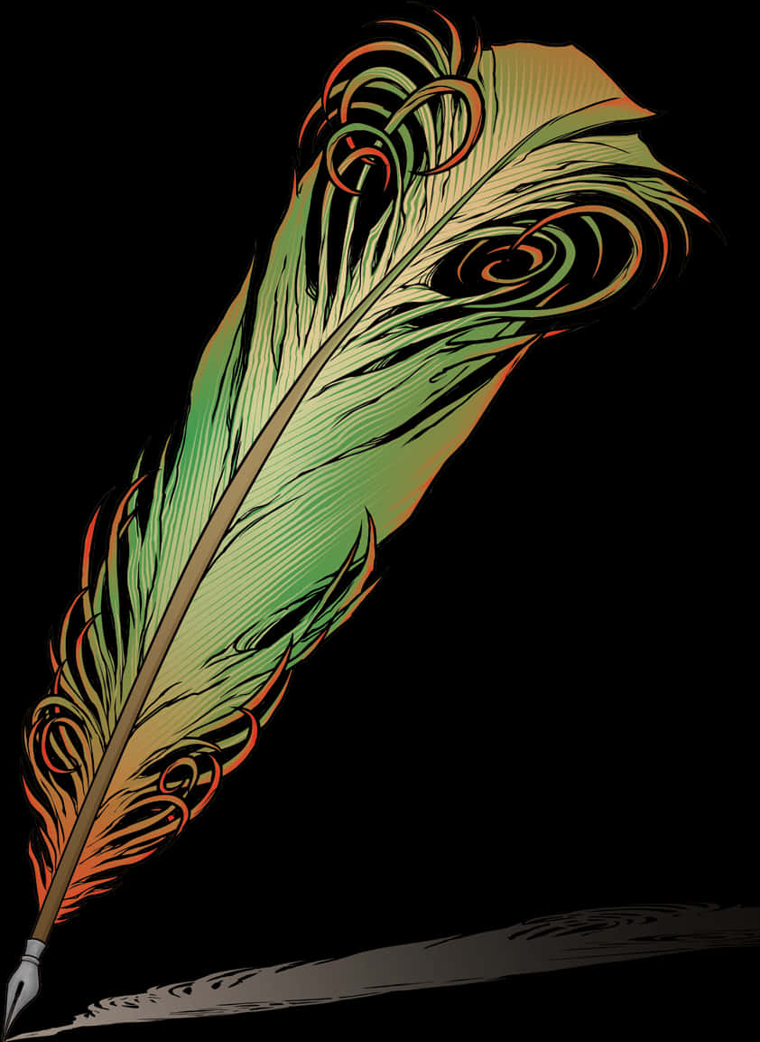 A Feather With Orange And Green Designs