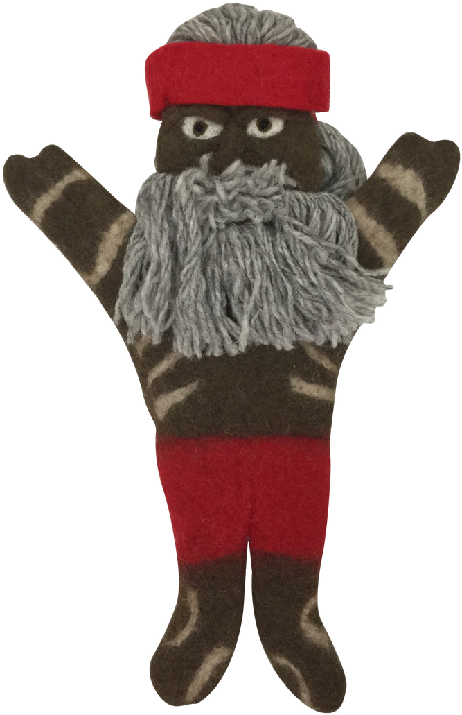A Stuffed Animal With A Beard And Red Pants