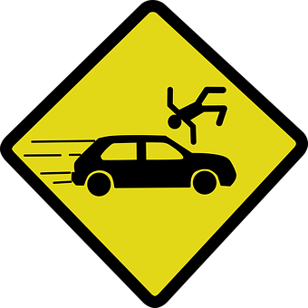 A Yellow Sign With A Car Falling Off Of It