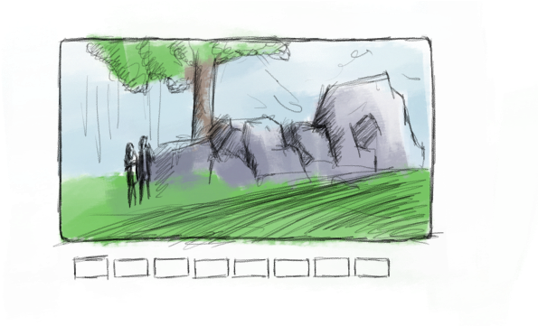 A Drawing Of Two People Standing In A Field