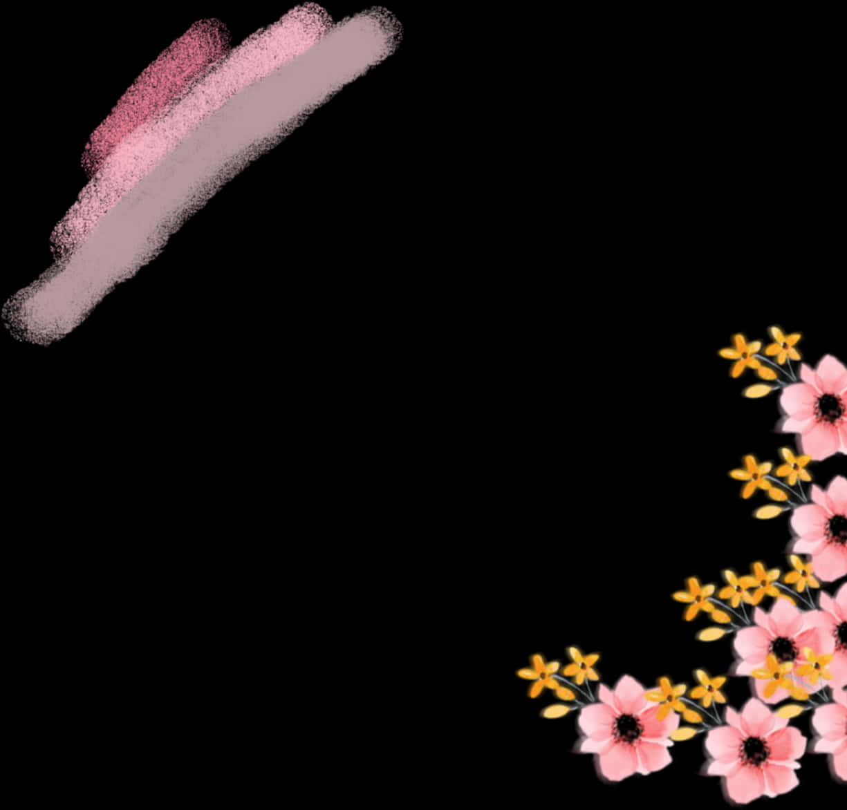 A Black Background With Pink Flowers And Pink Lines