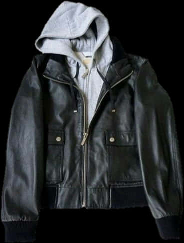 A Black Leather Jacket With A Grey Hood