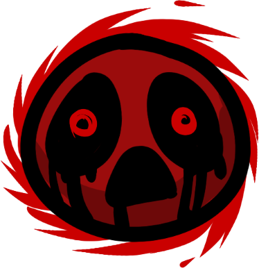 A Red And Black Circle With A Face And Eyes