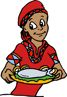 A Cartoon Of A Woman Holding A Plate Of Food