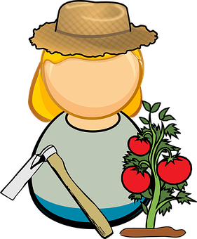 A Cartoon Of A Woman With A Straw Hat And A Tomato Plant