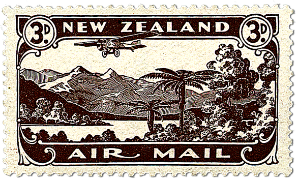 A Postage Stamp With A Plane Flying Over Mountains And Trees