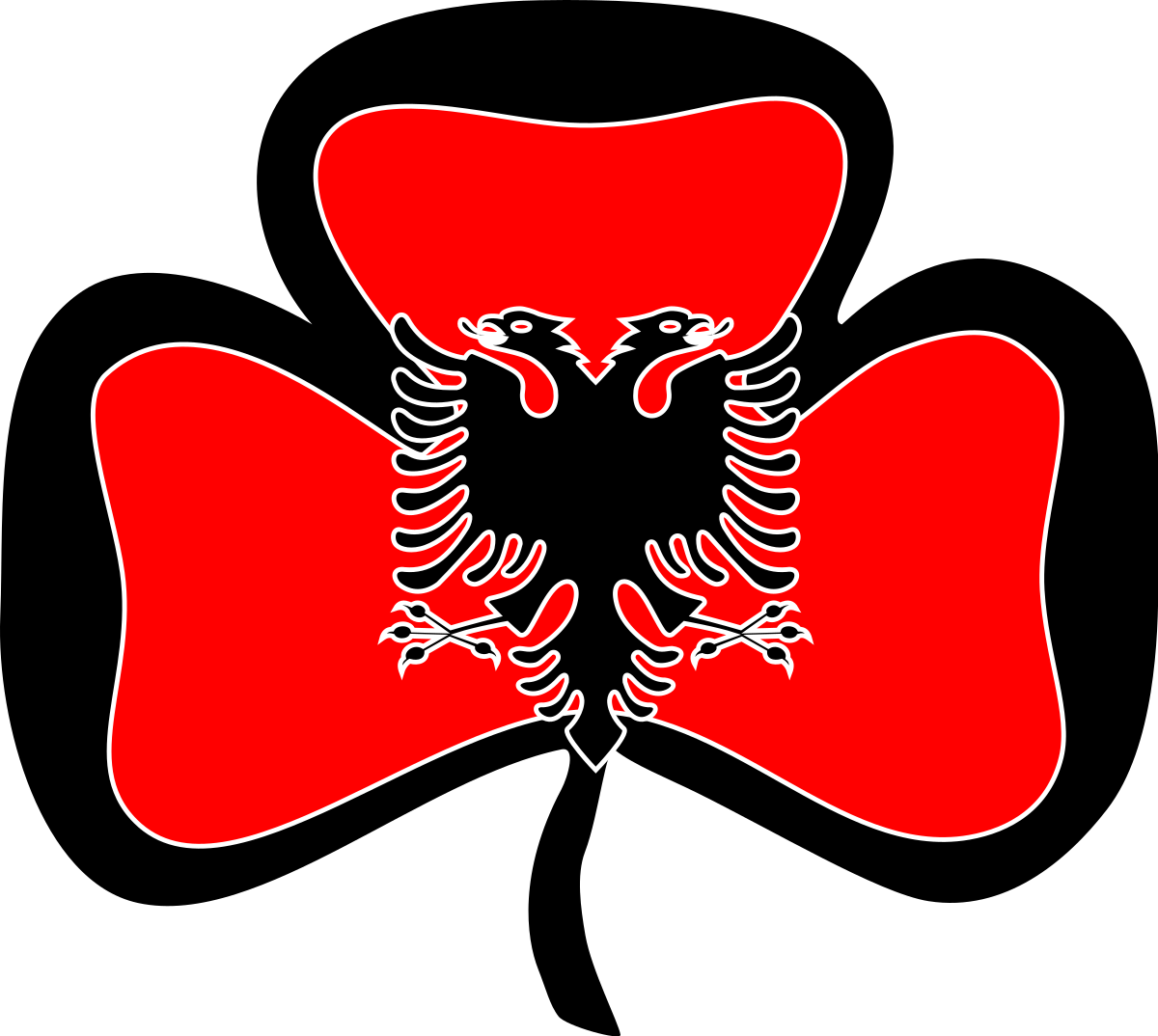A Red And Black Flag With Two Birds