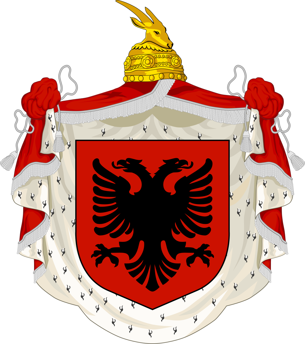 A Red And White Coat Of Arms With A Gold Crown