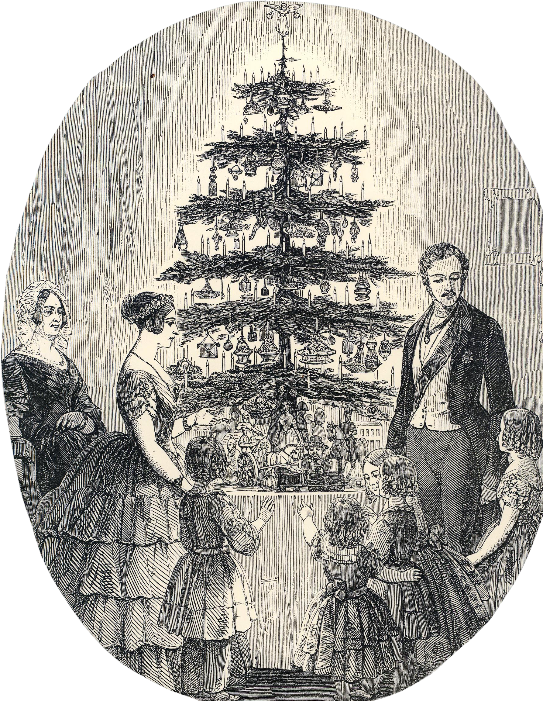 A Group Of People Around A Christmas Tree