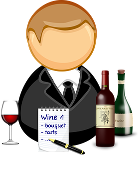 A Man In A Suit And Tie With Wine Bottles And A Notepad