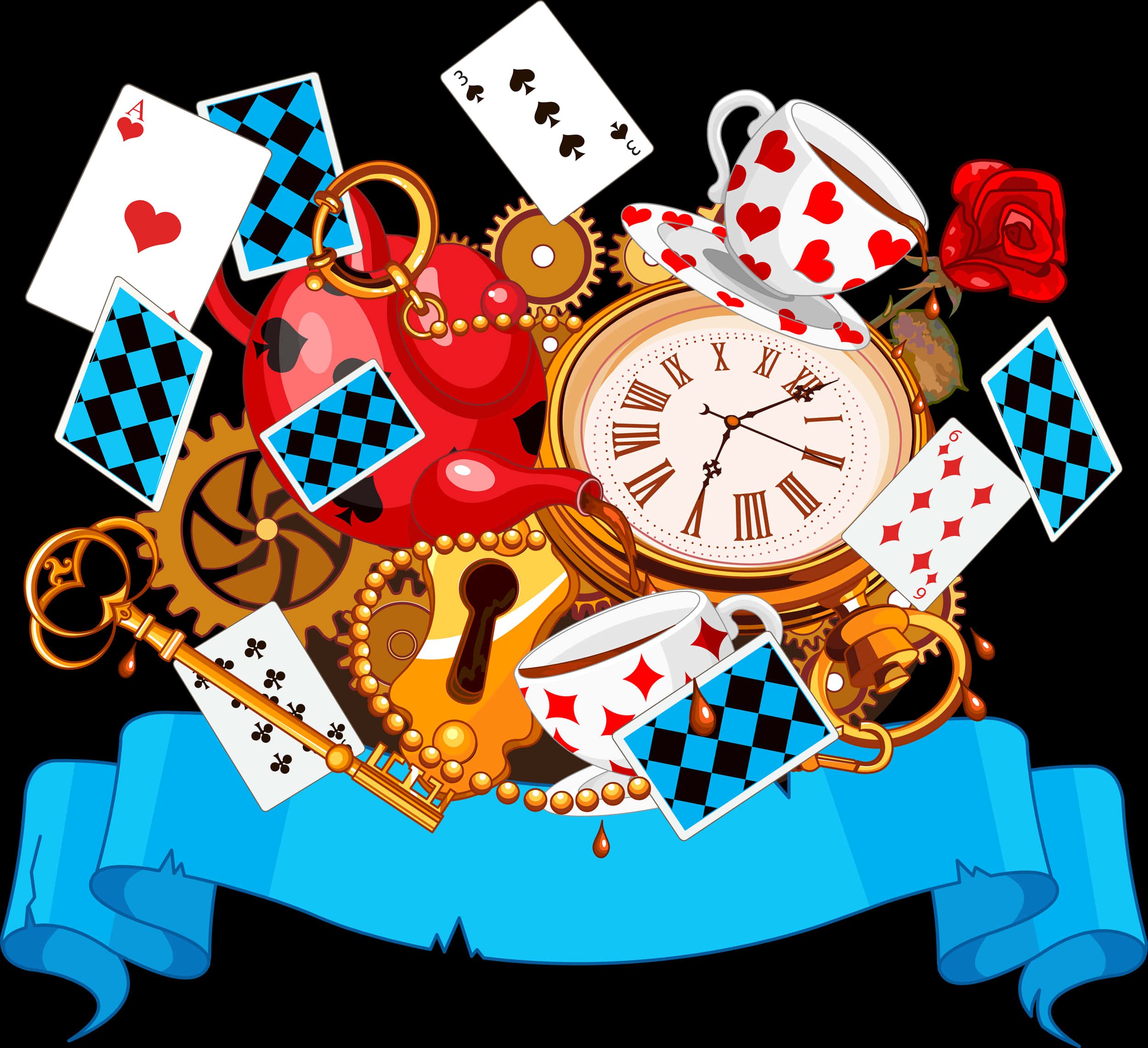 A Clock And Teapots With Cards And Keys