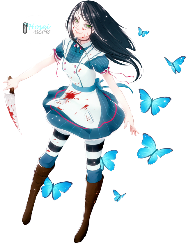 A Cartoon Of A Woman With A Knife And Blue Butterflies