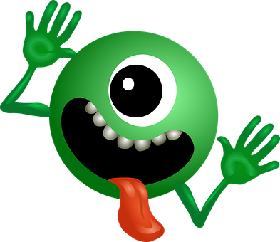 A Green Cartoon Character With One Eye And Mouth And Tongue Out