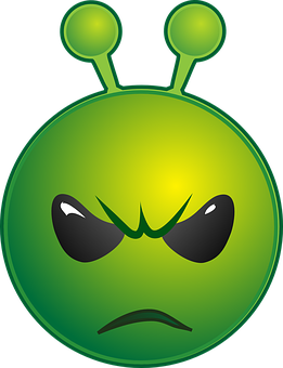 A Green Alien Face With Black Eyes And A Sad Expression