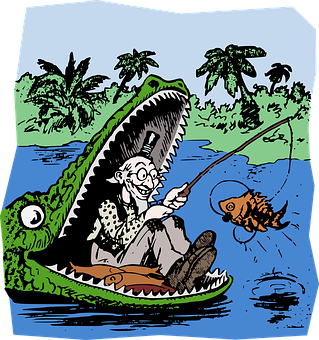 A Cartoon Of A Man In A Crocodile With A Fish In It