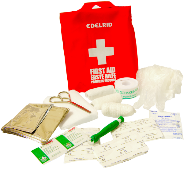 A Red First Aid Kit With White Text And White Text On It