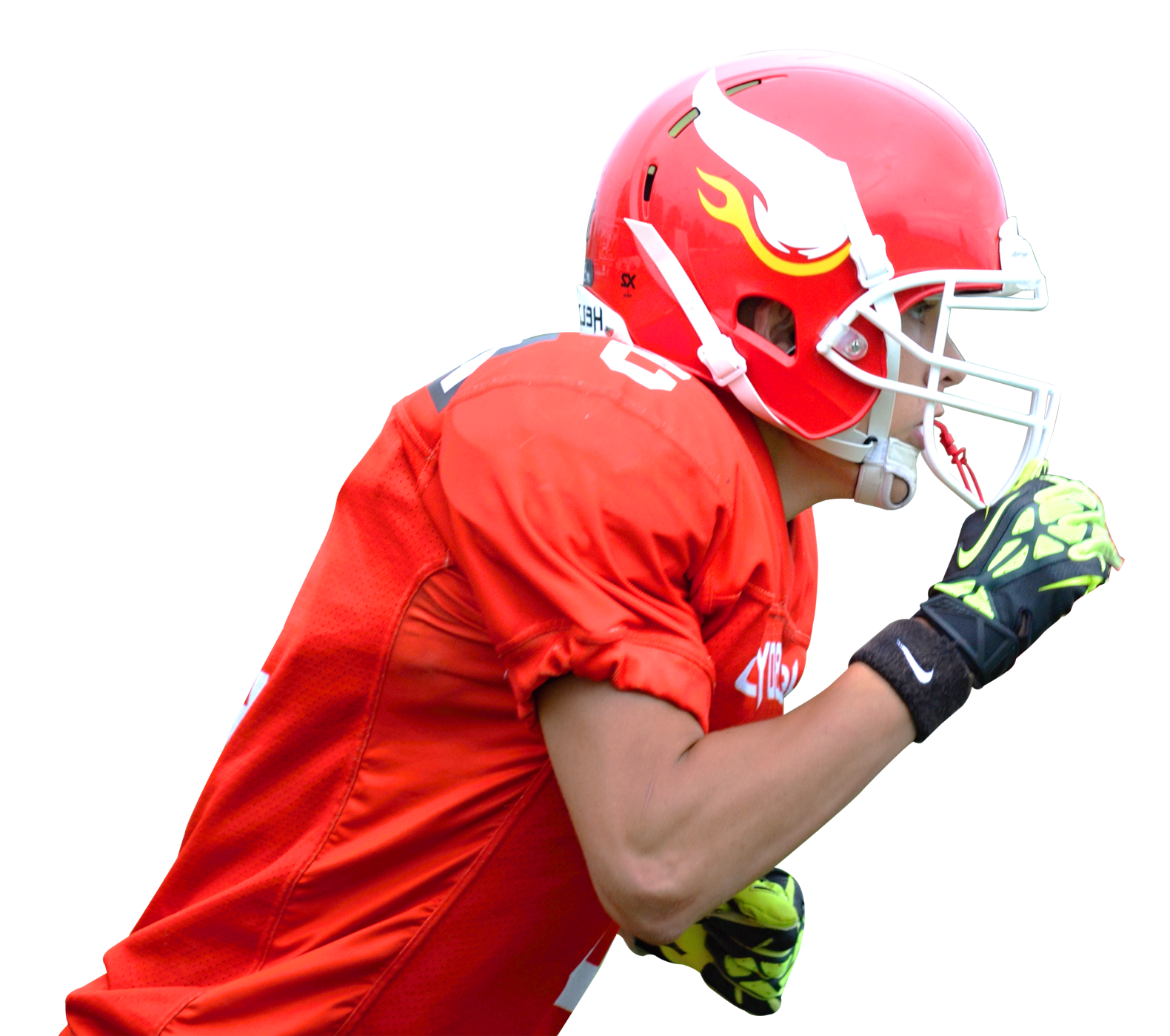 A Football Player Wearing A Red Uniform And Gloves