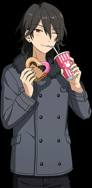 A Cartoon Of A Woman Eating A Donut And Drinking From A Straw