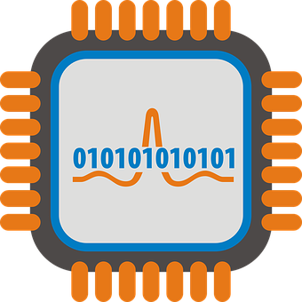 A Computer Chip With A White Square With Blue And Orange Text
