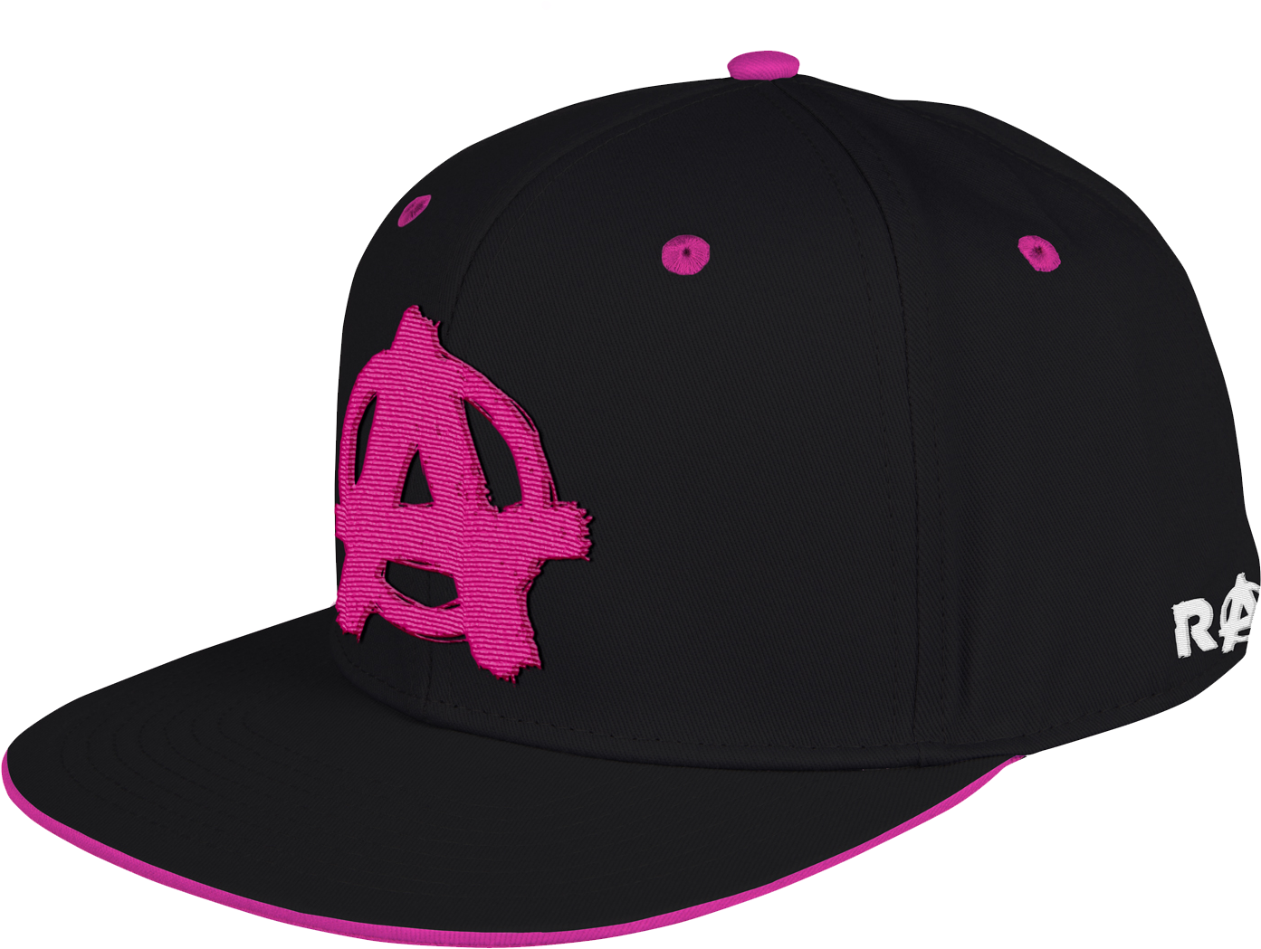 A Black And Pink Hat With A Logo