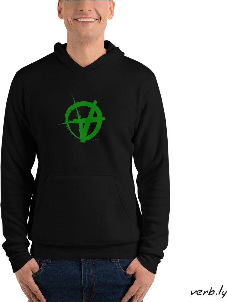 A Person Wearing A Black Hoodie With A Green Logo