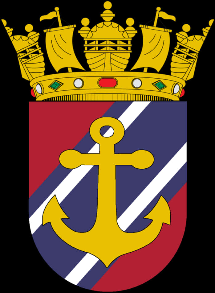 A Gold Anchor With Crown And Red Blue And White Stripes