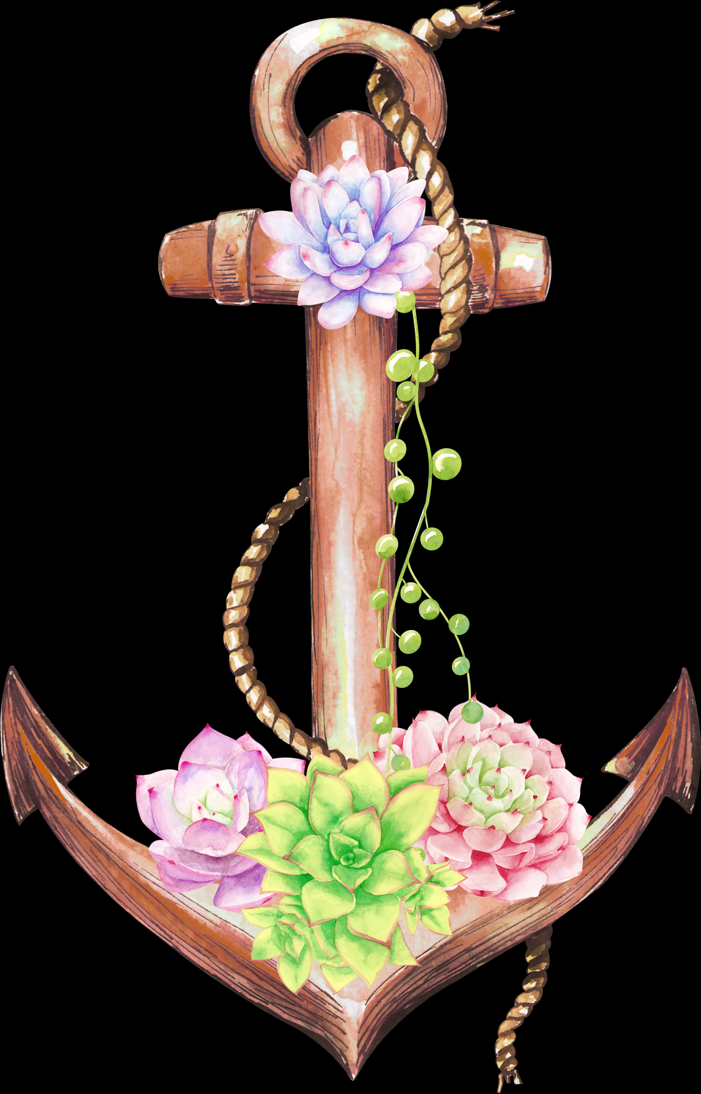 A Watercolor Drawing Of A Anchor With Flowers