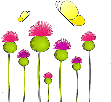 A Group Of Flowers With Pink Flowers And Yellow Butterflies