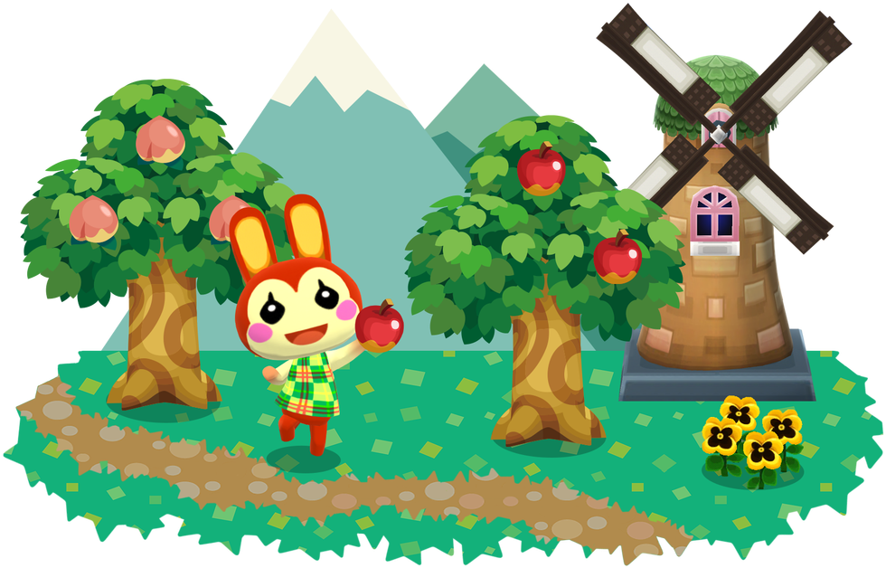 A Cartoon Character Holding An Apple In A Garden