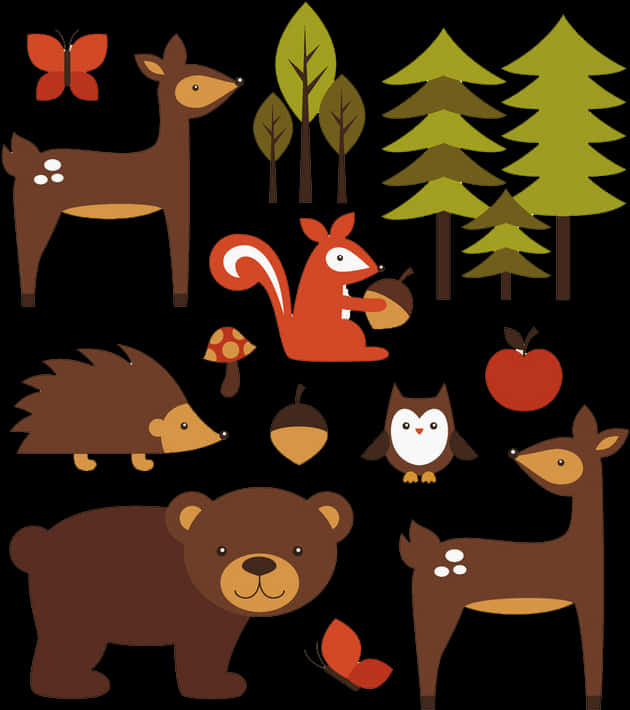 A Group Of Animals And Trees