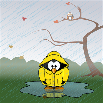 Cartoon Penguin In A Yellow Rain Coat Standing In A Puddle