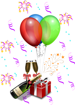 A Gift Box With Balloons And Fireworks
