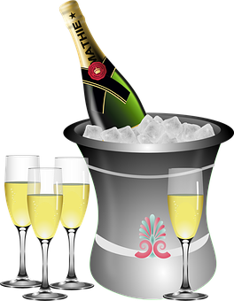 A Bottle Of Champagne In A Bucket With Ice And Glasses