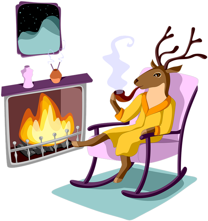 A Cartoon Of A Deer Sitting In A Rocking Chair By A Fireplace