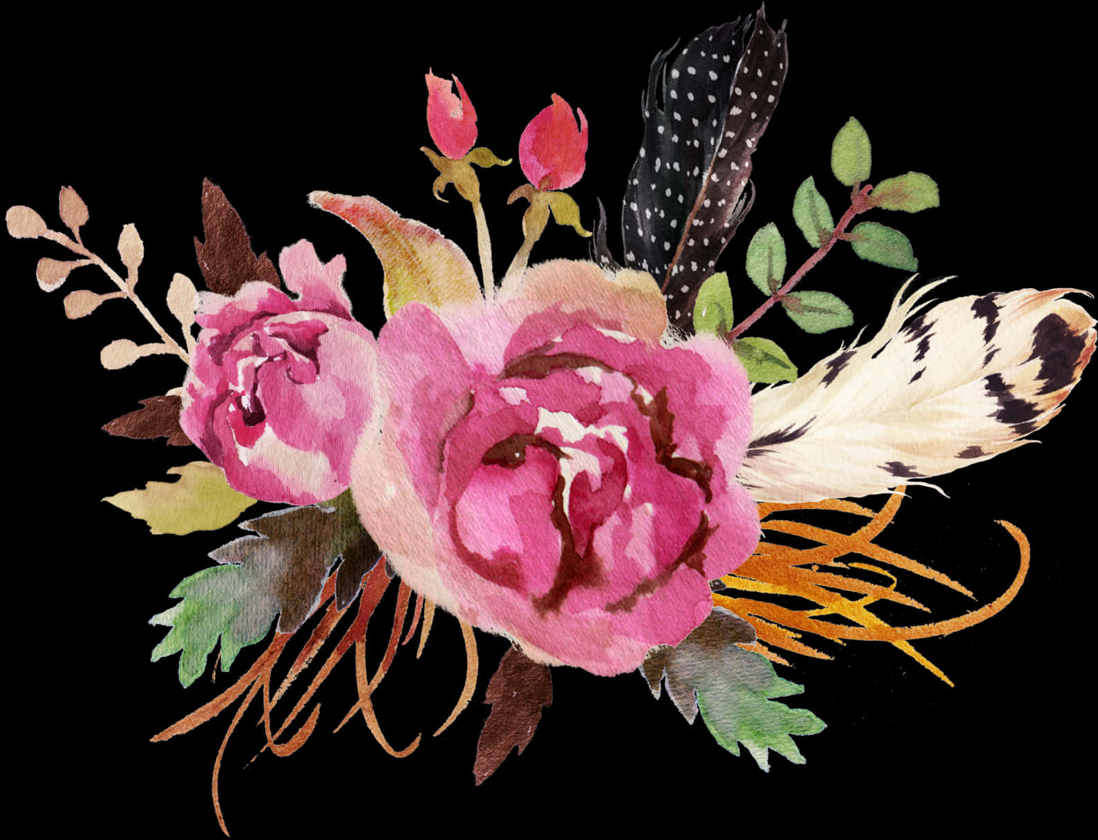 A Watercolor Painting Of Flowers And Feathers