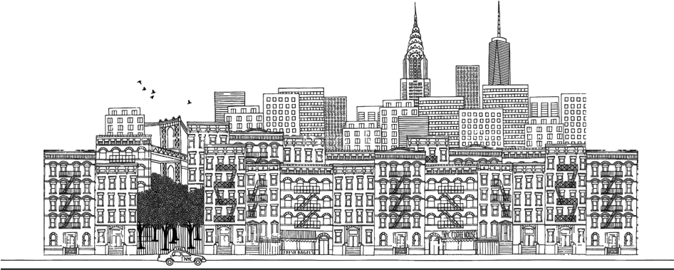 A Black And White Drawing Of A City