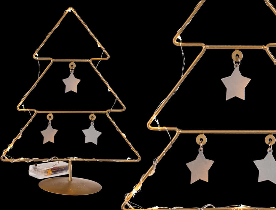 A Gold Wire Tree With White Stars And A String Of Lights