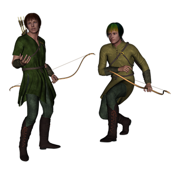 Two Men In Clothing Holding Bows And Arrows