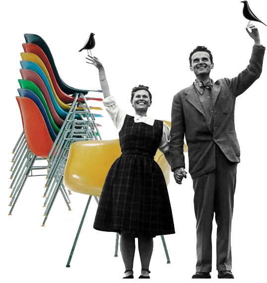 A Man And Woman Holding Hands And Standing Next To A Stack Of Colorful Chairs